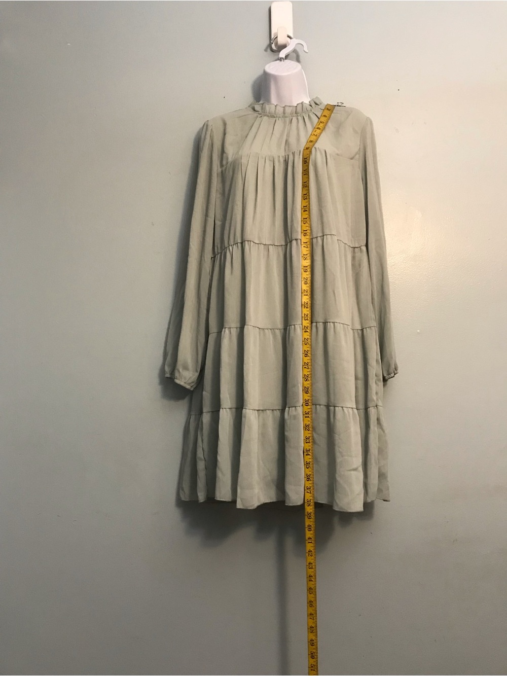 KIRUNDO Tie-Neck Tiered Long-Sleeve Dress in Sage Green